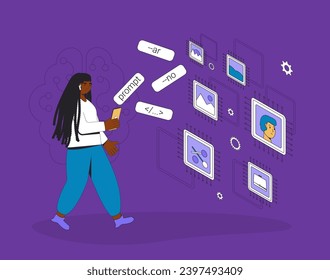 Text-to-Image Models and Prompt Engineering. Artificial intelligence assists to designer to create an image. Young female artist working with AI. Vector illustration