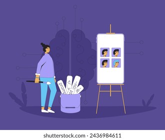 Text-to-image models and prompt engineering. Artificial intelligence helps to designer to create similar pictures. Young woman working with AI. Vector illustration