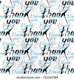 A textual seamless pattern with the words "thank you". Handwritten ink in an easy style. Black and blue letters on white background, retro vector illustration.