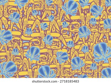 Fondo textural creado por Elementos geométricos y hojas azules. Motivos africanos para tendencias de moda, conceptos de negocio, portadas, scrapbooking, soluciones de interiores, azulejos, estampados, batiks, carteles dinámicos, etc. 