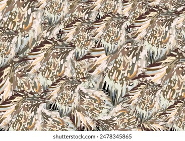 Textural backdrop with feathers elements in pastel tonality for textiles or fabrics. Ornamental feathers for fashion trends, business concepts, covers, scrapbooking, interior solutions, tiles, posters
