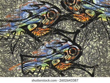 Textural backdrop with fish motifs for textiles or fabrics. African ornamental background for fashion trends, business concepts, covers,  interiors, tiles, prints, wallpaper, dynamic posters, etc. 