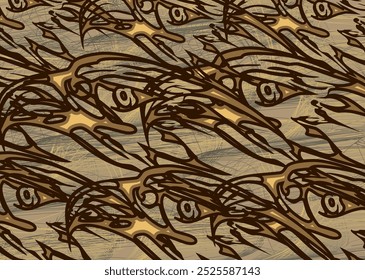 Textural camouflage background with linear and eagle head elements in golden-gray tonality. Dark predator motifs for fashion trends, business concepts, covers, scrapbooking, interior solutions, tiles