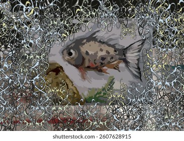 Textural dynamic fish poster for interior solutions or covers. Piranha with stone on the background of ornamental motifs for business, wallpaper, tiles, prints, textiles, dynamic posters, etc. Vector