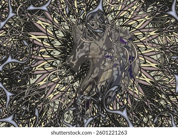 Textural floral backdrop with wolf head and snake elements for prints or fabrics. Dark chaotic motifs for fashion trends, business concepts, covers, interior solutions, tiles, textiles, posters, etc.