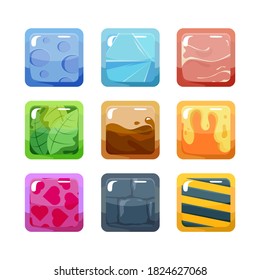 Textural game buttons set. Colored design square green leaves hearts in red blue bubbles with waves brown earth terracotta bricks creative interface web applications. Graphic cartoon vector.