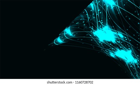 The texture of abstract blue cosmic magical glowing bright shining neon lines of waves of strips of threads of energy patterns and copy space. The background. Vector illustration.
