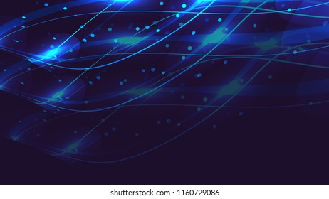 The texture of abstract blue cosmic magical glowing bright shining neon lines of waves of strips of threads of energy patterns and copy space. The background. Vector illustration.
