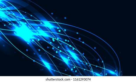 The texture of abstract blue cosmic magical glowing bright shining neon lines of waves of strips of threads of energy patterns and copy space. The background. Vector illustration.
