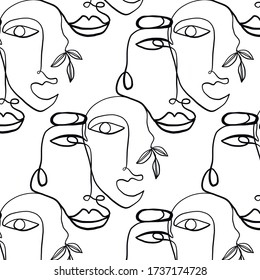 Texture with abstract faces. One continuous line portrait. Creative contemporary template. Minimalistic black and white design for poster, print for cloth, phone case, web banner. 