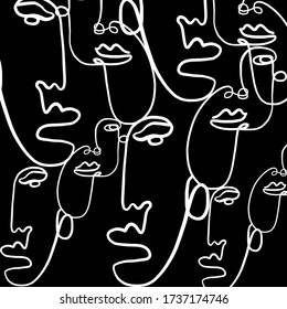 Texture with abstract faces. One continuous line portrait. Creative contemporary template. Minimalistic black and white design for poster, print for cloth, phone case, web banner. 