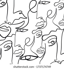 Texture with abstract faces. One continuous line portrait. Creative contemporary template. Minimalistic black and white design for poster, print for cloth, phone case, web banner. 