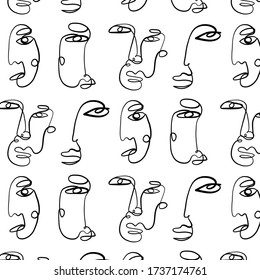 Texture with abstract faces. One continuous line portrait. Creative contemporary template. Minimalistic black and white design for poster, print for cloth, phone case, web banner. 