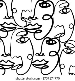 Texture with abstract faces. One continuous line portrait. Creative contemporary template. Minimalistic black and white design for poster, print for cloth, phone case, web banner. 