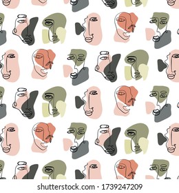 Texture with abstract faces. One continuous line portrait with colorful shape. Creative contemporary template. Minimalistic black and white design for poster, print for cloth, phone case, web banner. 