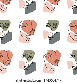 Texture with abstract faces. One continuous line portrait with colorful shape. Creative contemporary template. Minimalistic black and white design for poster, print for cloth, phone case, web banner. 
