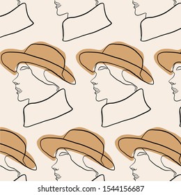 Texture abstract woman portrait in hat. One continuous line drawing. Beauty fashion minimalism logo
