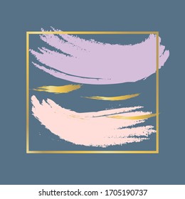 Textura, pincel de fondo se pincha sobre un fondo azul en un cuadrado dorado. Ilustración vectorial.