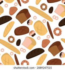 Texture background with different types of bread. Ciabatta, French baguette, buns and long loaf. Seamless pattern with bakery products. Trendy flat vector illustration