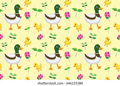 texture background. Duck and ducklings in spring time. Vector