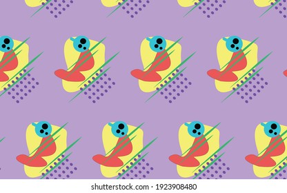 Texture background of fashion papers in memphis geometry style. Yellow,pink,  blue and pastel fiolet color
