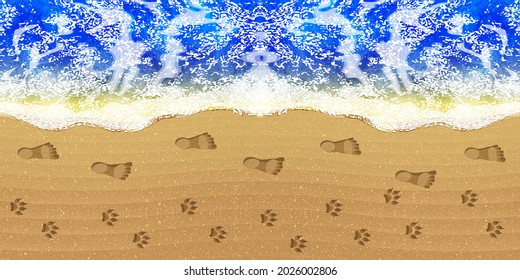 Texture Background Footprints Of Human Feet And Dog Feet On The Sand Near The Water On The Beach. Color Vector Illustration 