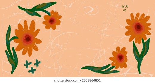 Fondo de textura, marco con flores de caléndula naranja estilizadas. Grunge textura. Fondo vectorial. Elemento para el diseño