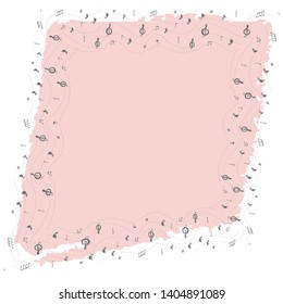 Texture background template with musical notes border. Hand drawn color illustration. Greeting card, banner, poster sketch design. Vector