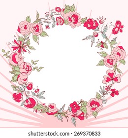 Texture, background, wreath frame. The Invitation. Pink and red flowers. Doodle