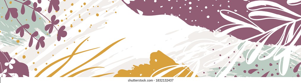 Texture banner with leaves, branch and plants. Abstract natural elements in trendy doodle style for holiday. Contemporary modern trendy vector background, template, greeting card, frame. 