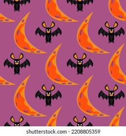 Texture with bats in cartoon style and moon. Seamless vector pattern on the theme of Halloween, children's print.