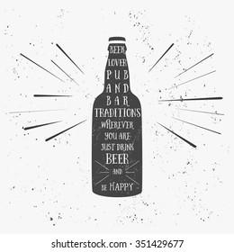 Texture Beer bottle vector with text for pub and party over grunge background. Cool vintage design for posters or banners. Great retro rough dirty design element for bachelor party.