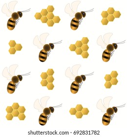 Texture with bees and honey combs on a white background