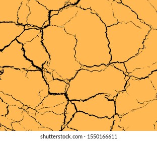 Texture black cracks on the ground, drought. Vector design element on isolated yellow background.