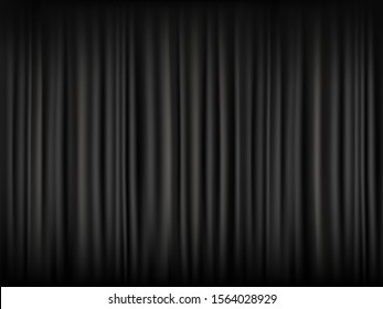 Texture of blank black curtain. Dark background with fabric pattern. Vector template