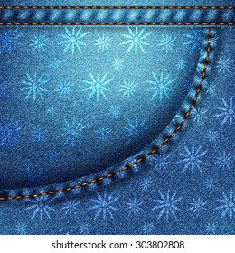 Texture of blue denim fabric with flowers. Background