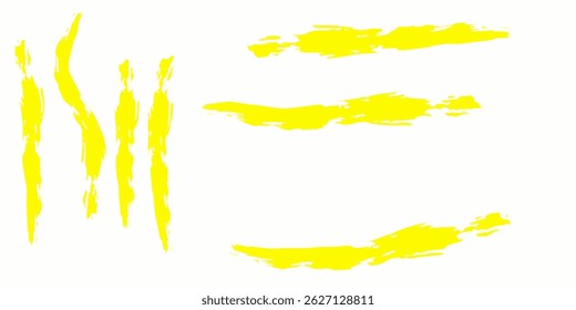 Textur Pinsel Set, gelbe Tinte, Pinselmuster, Wellenmuster Pinsel Strichmaterial. Sammlung gelber Pinselstriche. handgezeichnete regelmäßig gekrümmte Linien lang und kurz