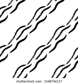 Texture brush stroke, diagonal wavy stripes vector pattern. Black and white.