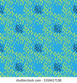 Texture brush stroke, stains seamless vector pattern. Small mess spots. Blue background.