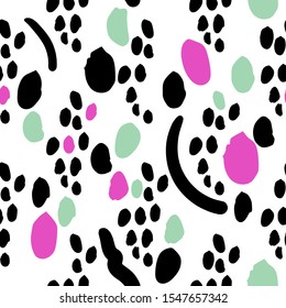 Texture brush stroke, title, abstract spots and lines vector pattern. Black, pink, mint and white colors.