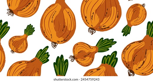 Texture bulbs. Vegetable pattern. Cartoon style. Hand drawn elements. Vector seamless overlapping pattern.