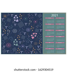 Texture calendar for 2021 with an abstract image of outer space on a blue background, vector illustration, days of the week highlighted in red