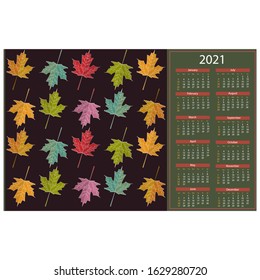 Texture calendar for 2021 on the theme nature, autumn, summer, colorful leaves, vector illustration