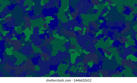 Texture camo background. Modern army camouflage. Military seamless pattern for clothing. Blue vintage poster. Multicolored khaki for fabric. Vector illustration. 