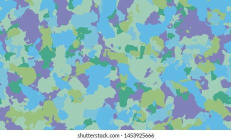 Texture camo background. Modern army camouflage. Military seamless pattern for clothing. Blue stylish flyer. Multicolored khaki for fabric. Vector illustration. 