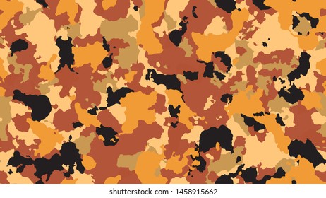 Texture camo background. Modern army camouflage. Military seamless pattern for clothing. Orange retro invite. Multicolored khaki for fabric. Vector illustration. 