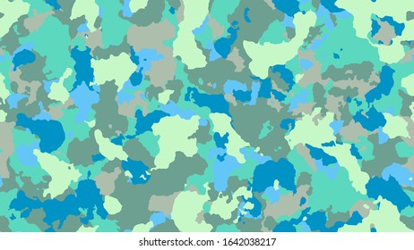 Texture camo background. Modern army camouflage. Military seamless pattern for clothing. Blue minimal poster. Multicolored khaki for fabric. Vector illustration. 