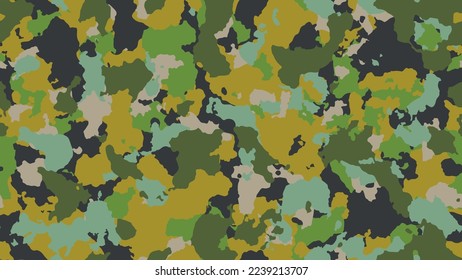 Texture camo background. Modern army camouflage. Military seamless pattern for clothing. Green and brown retro invite. Multicolored khaki for fabric. Vector illustration. 