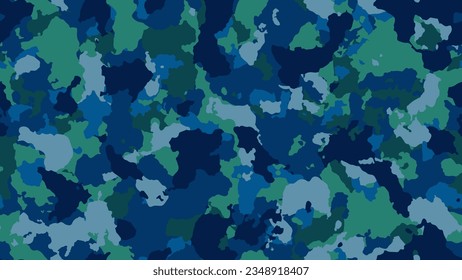 Texture camo background. Modern army camouflage. Military seamless pattern for clothing. Blue colorful banner. Multicolored khaki for fabric. Vector illustration. 