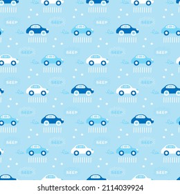 Texture with cartoon cars for baby fabrics. Pattern with blue, white vehicles driving in city for little boys shirt design. Seamless light background with transport. Flat vector illustration for kids.